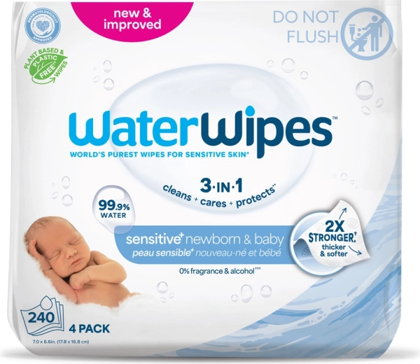 WaterWipes lingettes humides Newborn & Baby 3-en-1, 4×60 pcs (240 pcs)