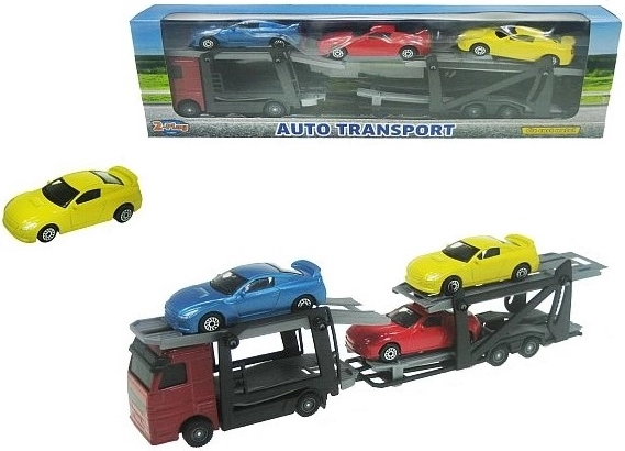 Camion transporteur avec 3 petites voitures de sport