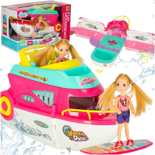 Yacht de fête pliable pour poupées avec bateau à moteur et planche de surf