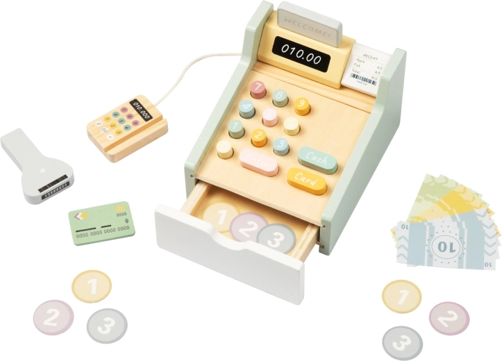 Caisse enregistreuse en bois pour enfants Tooky Toy avec terminal et scanner