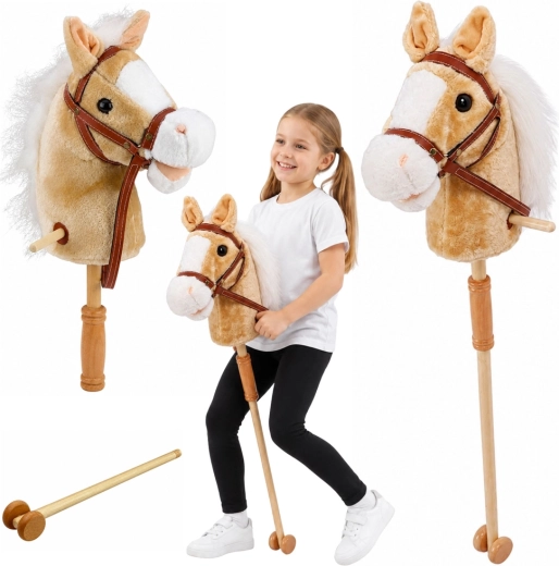 Cheval bâton avec roulettes et sons, beige 100 cm