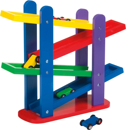 Circuit de voitures en bois avec petites voitures colorées