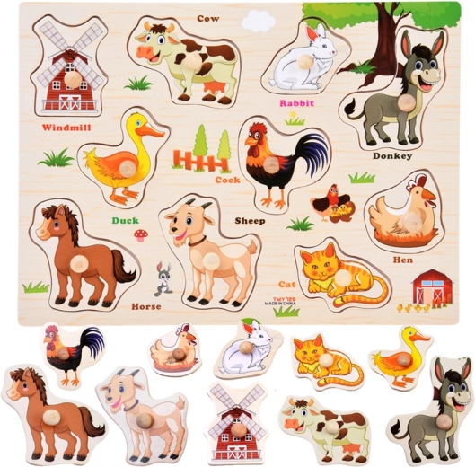 Puzzle en bois Ferme avec poignées et vocabulaire anglais – 10 pièces