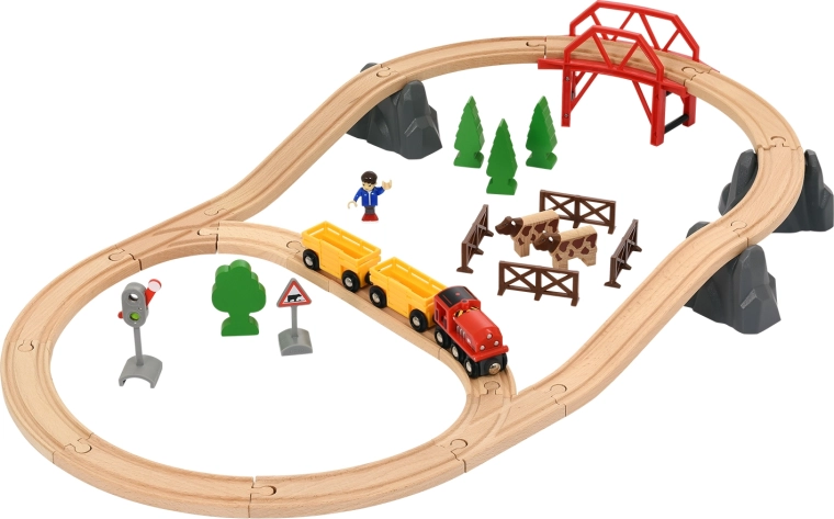 Circuit de train en bois avec paysage rural