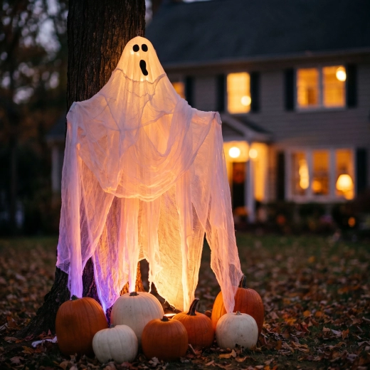 Tissu décoratif effrayant d’Halloween 2,15 × 1,52 m blanc