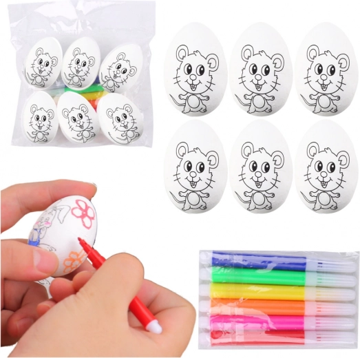 Œufs de Pâques en polystyrène à peindre avec feutres, motif petite souris, 6 pcs
