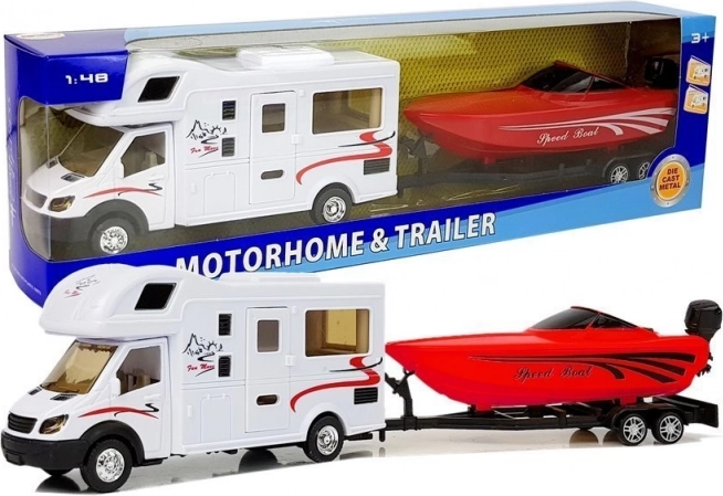 Jouet caravane avec bateau rouge et mécanisme à inertie 1:48