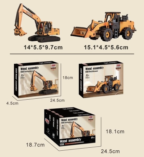 Maquette en bois d’engin de chantier 14 cm (chargeuse ou pelleteuse) - 1 pièce