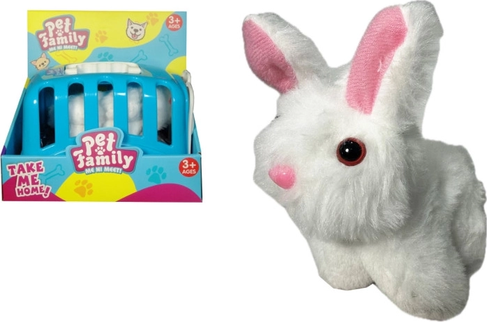 Lapin en peluche avec accessoires dans une caisse de transport