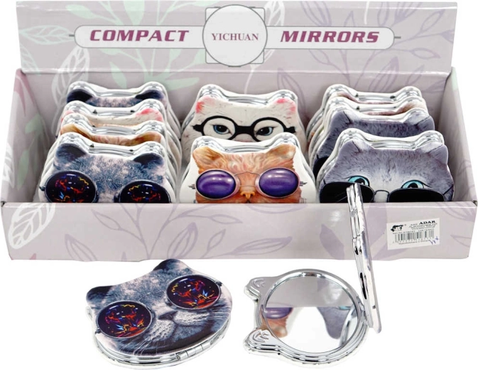 Miroir de poche enfant pliant double face chat avec lunettes 8 cm - 1 pièce