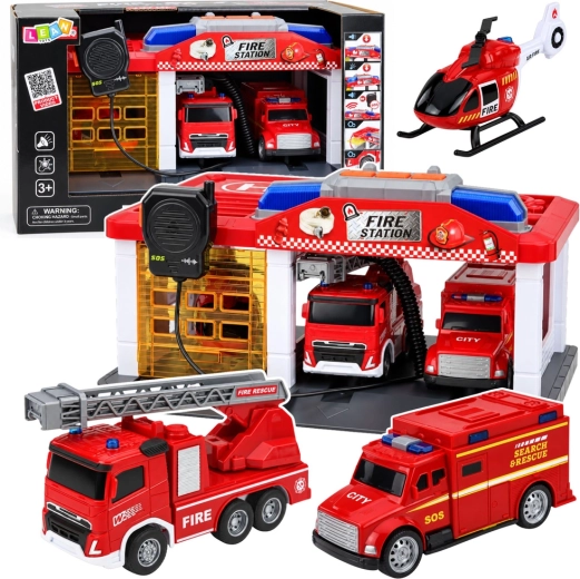 Caserne de pompiers avec garage, véhicules, hélicoptère et talkie-walkie