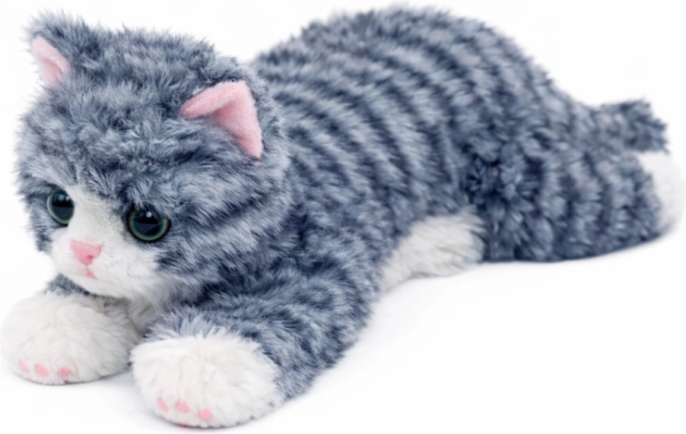 Chat en peluche gris couché 38 cm