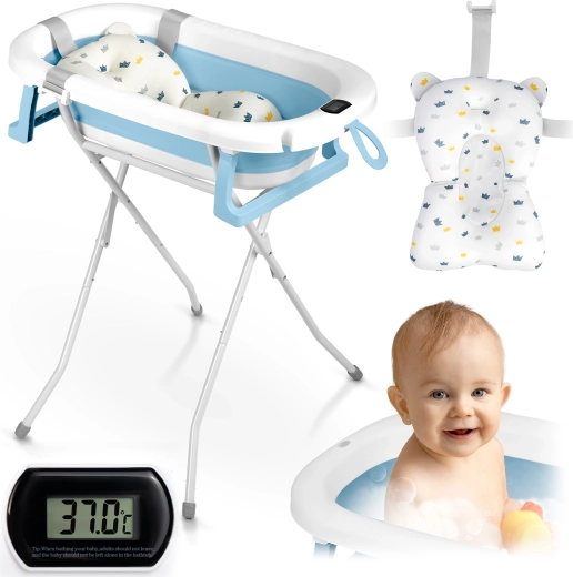 Baignoire pliable pour enfant avec support, thermomètre et insert – blanc et bleu