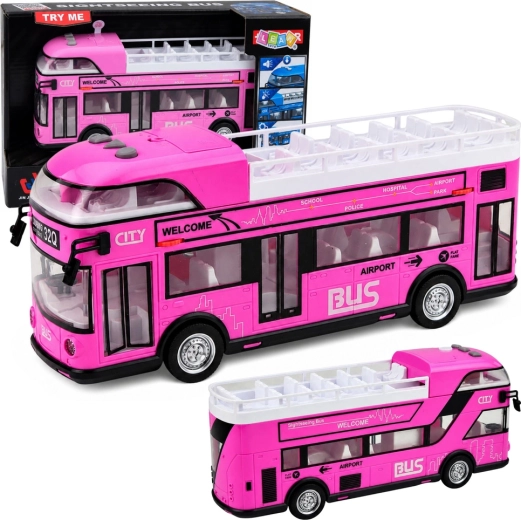 Bus urbain à impériale rose pour enfants avec lumières, sons et portes ouvrantes