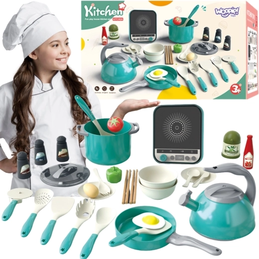 Ensemble de cuisine Woopie pour petits chefs avec plaque de cuisson à induction, ustensiles et bouilloire - 30 pièces
