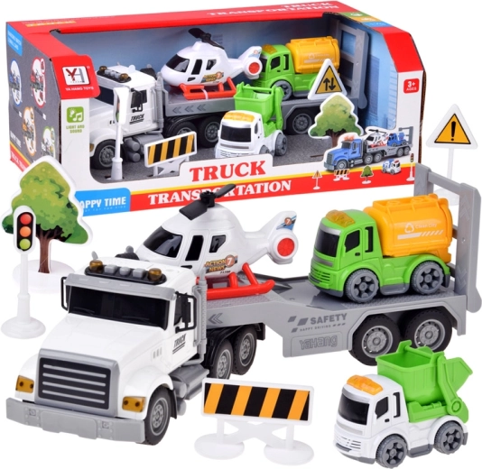 Porte-voitures de transport pour enfants avec hélicoptère, camion-benne, camion malaxeur et accessoires de circulation