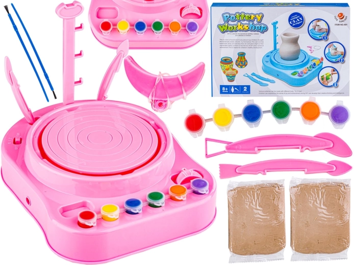 Tour de potier rose pour enfants petit artiste – kit créatif avec peintures et pâte à modeler