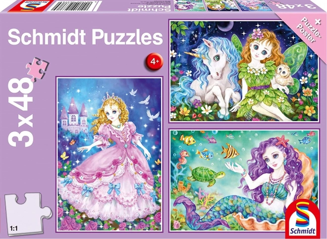 Puzzle SCHMIDT princesse, fée et sirène 3×48 pièces