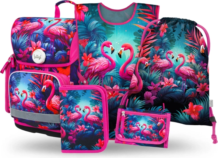 Ensemble scolaire BAAGL Ergo Flamants – cartable, trousse, sac de sport, tablier et porte-monnaie