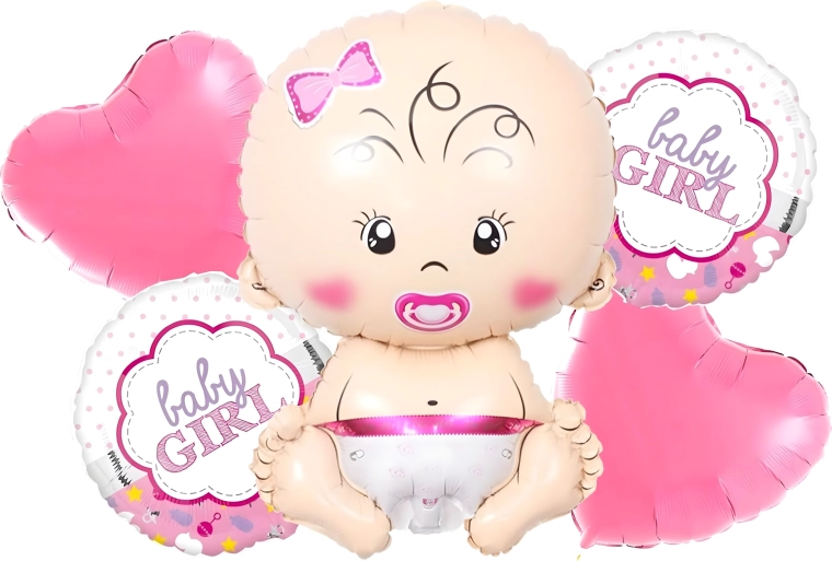 Ballons pour baby shower de petite fille – lot de 5 avec étoiles et motif bébé