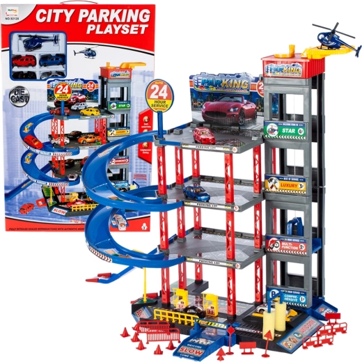 Parking à plusieurs niveaux avec voitures et hélicoptère