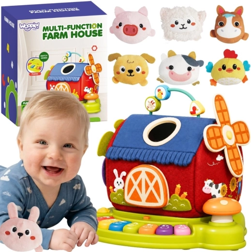 Woopie baby ferme interactive – maisonnette avec trieur de formes et piano + 7 animaux en peluche