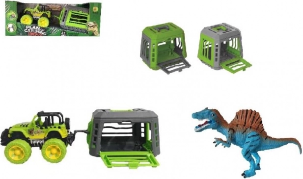 Jeep avec remorque et dinosaure