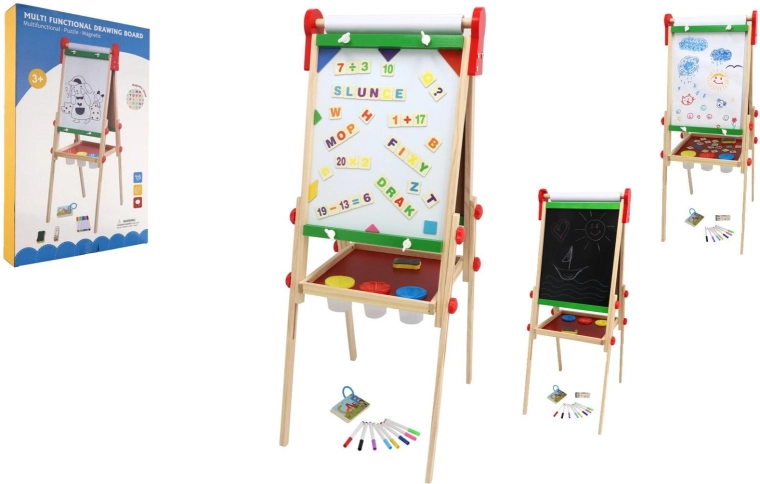 Tableau magnétique pour enfants double face en bois avec rouleau de papier et accessoires 35 × 43 cm