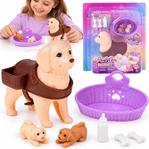 Figurine Anlily de chienne golden retriever avec ses chiots et accessoires