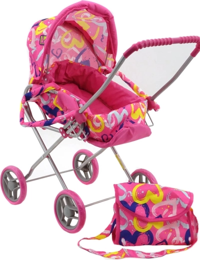 Poussette pour poupées Adar 2-en-1 avec nacelle amovible et sac – motif cœurs