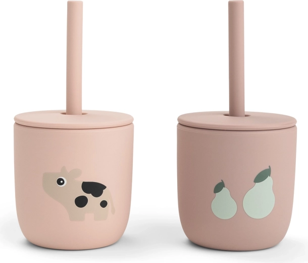Done by Deer gobelets en silicone avec paille Tiny farm, roses (2 pcs)