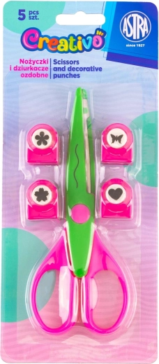 Set de ciseaux décoratifs et de perforatrices ASTRA Creativo, 5 pcs, vert et rose