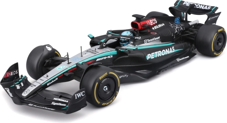 Modèle Bburago F1 Mercedes‑AMG Petronas W15 2024 George Russell #63 1:24 dans une boîte en acrylique