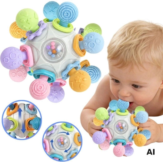 Woopie Baby balle sensorielle 3-en-1 avec anneau de dentition et hochet 6m+ - 1 pièce