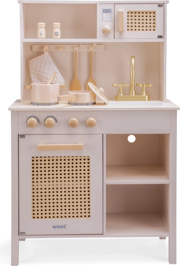 Cuisine enfant en bois rose avec rotin