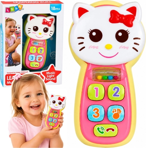 Téléphone interactif pour enfant en forme de chaton avec lumières, sons, miroir et hochet