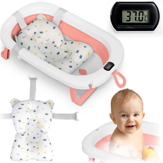 Baignoire pliable pour bébé avec thermomètre et insert, rose-blanc