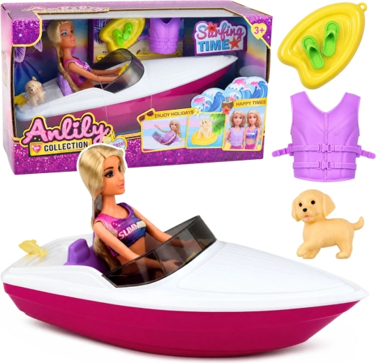 Poupée Anlily avec bateau à moteur et chiot – set avec accessoires