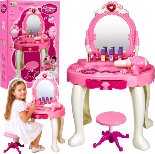 Coiffeuse pour enfants avec miroir, lumières et sons, avec tabouret et sèche-cheveux (rose)
