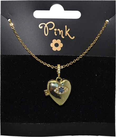Collier doré avec médaillon cœur ouvrant et œil porte-bonheur