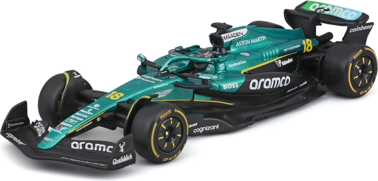 Modèle Bburago Formule 1 Aston Martin AMR25 2025 #18 Lance Stroll 1:43 dans un boîtier en acrylique