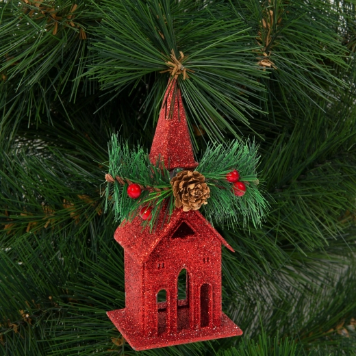 Église de Noël scintillante rouge à suspendre