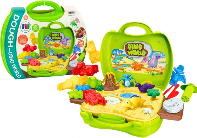 Pâte à modeler monde des dinosaures dans une valisette – moules et outils, vert