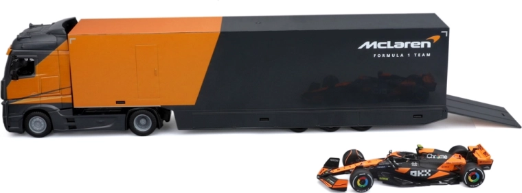 Camion de course Bburago – tracteur avec remorque et Formule 1 McLaren MCL38 2024 Lando Norris 1:43