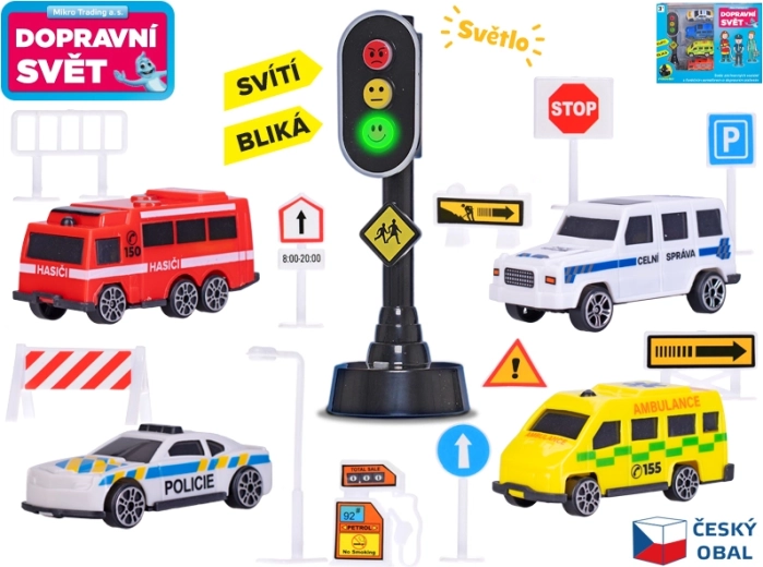Set de petites voitures avec panneaux de signalisation et feu tricolore lumineux, 4 pcs