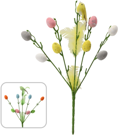 Brin de Pâques avec oiseau et œufs sur pique 30 cm