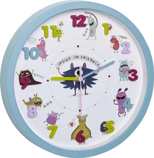 Horloge murale pour enfants TFA Little Monsters, turquoise, chiffres 3D
