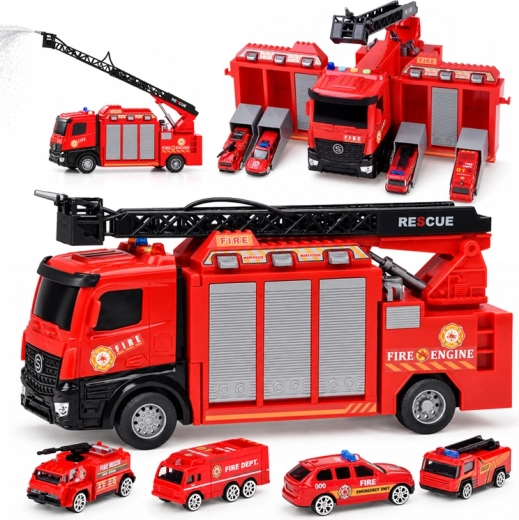 Station de pompiers transformable avec véhicule, lumière, son et eau