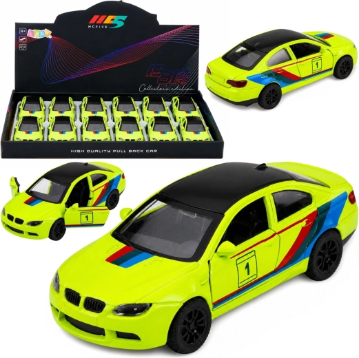 Petite voiture de sport en métal avec propulsion pull-back, jaune néon 1:32 - 1 pièce