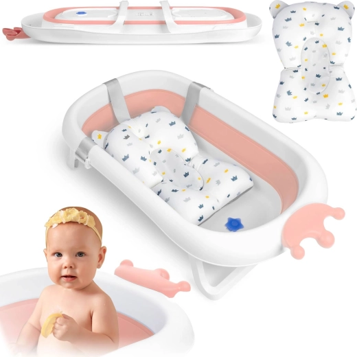 Baignoire pliable pour enfant avec coussin, blanc/rose